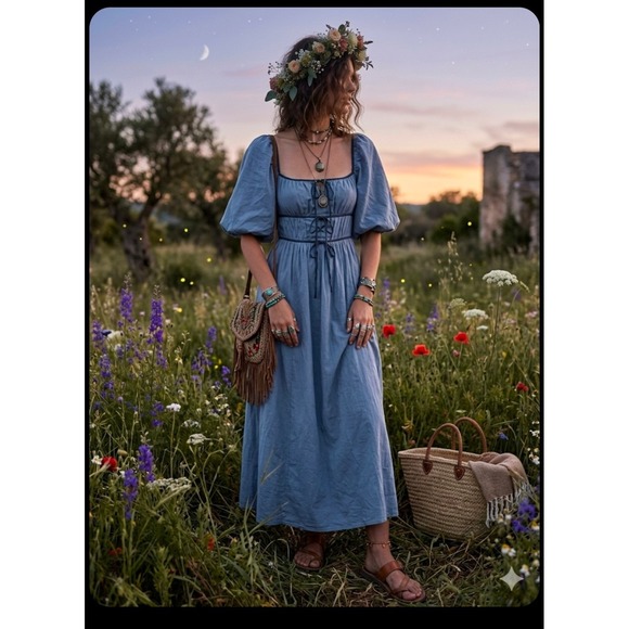 in loom Dresses & Skirts - In Loom Women Blue Puff Sleeve Velvet Tie Smocked Back Midi Cottagecore Dress L